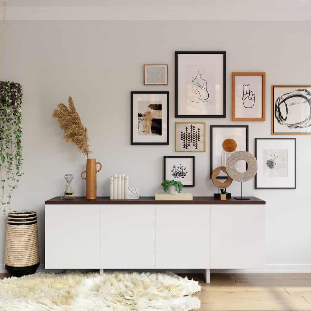 Style a sideboard with pictures, plants, accessories and lighting